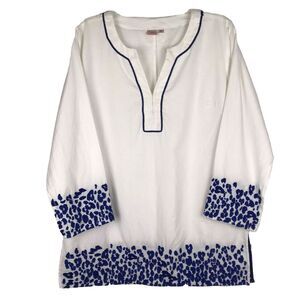 Persifor Embroidered Tunic Long Sleeve White Blue Cotton Resort Beach Sz Medium